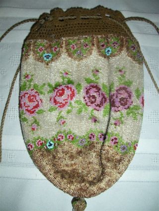 Vintage Antique Victorian Micro Beaded Drawstring Purse Evening Bag Roses 2