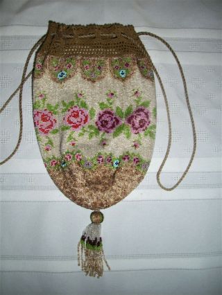 Vintage Antique Victorian Micro Beaded Drawstring Purse Evening Bag Roses 4