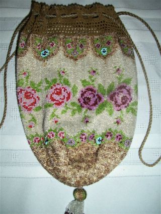 Vintage Antique Victorian Micro Beaded Drawstring Purse Evening Bag Roses 5