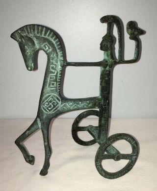 Vintage Solid Brass Athena With Owl Etruscan Horse Chariot Figurine Verde Patina