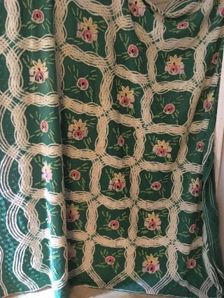 Vintage Plush Cotton Chenille Bedspread Cutter Craft Green White 96 X 88