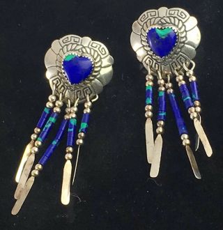 Vintage Navajo Sterling Silver Hand Made Heart Azurite Earrings Signed Tk