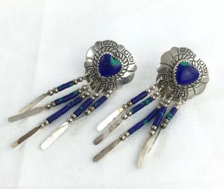 Vintage Navajo Sterling Silver Hand Made Heart Azurite Earrings Signed TK 2