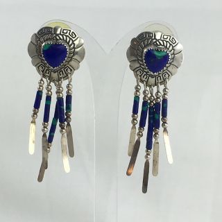 Vintage Navajo Sterling Silver Hand Made Heart Azurite Earrings Signed TK 4