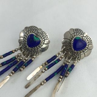 Vintage Navajo Sterling Silver Hand Made Heart Azurite Earrings Signed TK 6