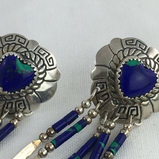 Vintage Navajo Sterling Silver Hand Made Heart Azurite Earrings Signed TK 7