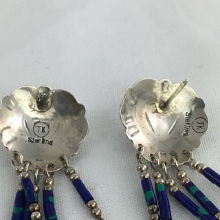 Vintage Navajo Sterling Silver Hand Made Heart Azurite Earrings Signed TK 8