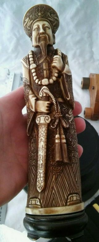 Vintage Statue Of Mock Ivory Male Oriental Chinese Resin Figure With Sword