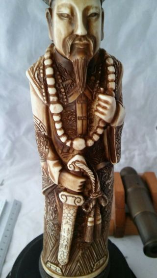 Vintage Statue Of Mock Ivory Male Oriental Chinese Resin Figure With Sword 4