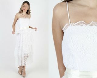 Vintage 80s White Lace Dress Boho Wedding Sheer Floral Tiered Bridal Party Maxi