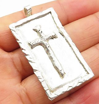 925 Sterling Silver - Vintage Framed Solid Religious Cross Drop Pendant - P4883