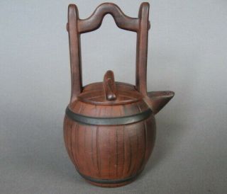 Chinese Yixing Teapot In Shape Of Water Bucket,  Signed,  Faux Bois Design.
