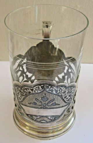 Vintage Kubachi Russian Sterling Silver Niello Tea Glass Holder With Thin Glass
