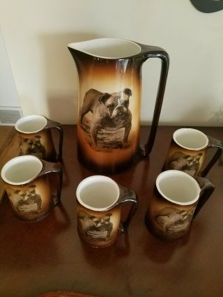 Antique Warwick Ioga Bulldog Champion Pitcher & 5 Mugs/steins Bulldog.  Rare