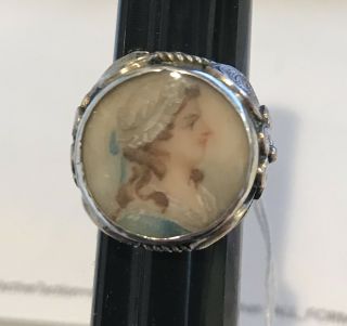 Sterling Ring.  Vintage Reverse Painted Glass With Portrait.  Size 4