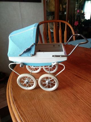 Vintage Blue Doucet Baby Doll Pram Carriage Buggy Made In France