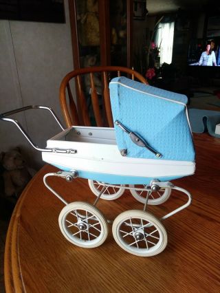 Vintage Blue DOUCET Baby Doll PRAM CARRIAGE BUGGY Made in FRANCE 2