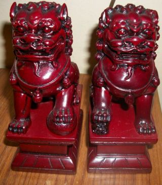 Cinnabar Red/burgundy Resin 7 " Chinese Foo Dogs - Pair - About 2 Lbs.  Each