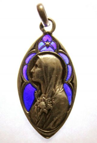 Plique - A - Jour Antique Silver Art Pendant Blessed Virgin Mary By Guilbert