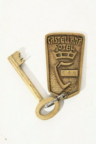 Vintage Castellana Hotel Brass Skeleton Key & Fob 649 Madrid Spain