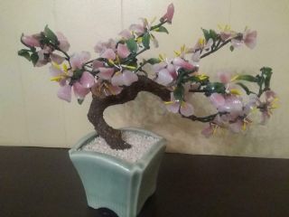 Vintage Glass Flowers Asian Oriental Bonsai Tree Pink In Jade Celadon Pot