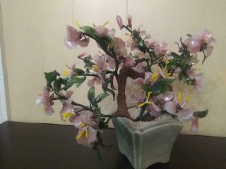 Vintage Glass Flowers Asian Oriental BONSAI TREE Pink in Jade Celadon Pot 2