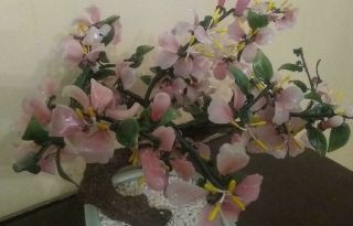 Vintage Glass Flowers Asian Oriental BONSAI TREE Pink in Jade Celadon Pot 4