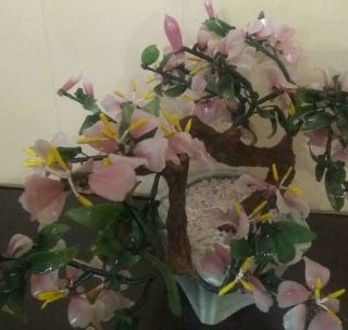 Vintage Glass Flowers Asian Oriental BONSAI TREE Pink in Jade Celadon Pot 5