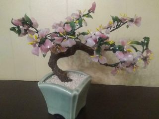 Vintage Glass Flowers Asian Oriental BONSAI TREE Pink in Jade Celadon Pot 6