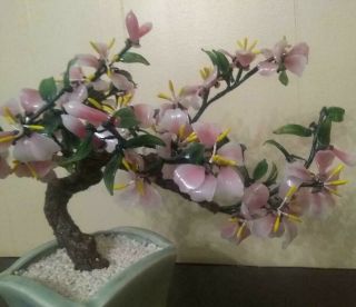 Vintage Glass Flowers Asian Oriental BONSAI TREE Pink in Jade Celadon Pot 7