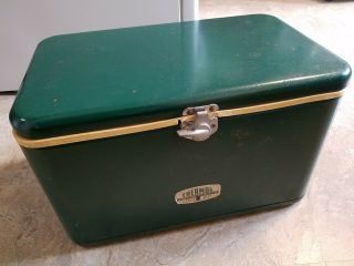 Vintage Green Thermos Metal Cooler Ice Chest Made In Usa Rustic Camping Trunk