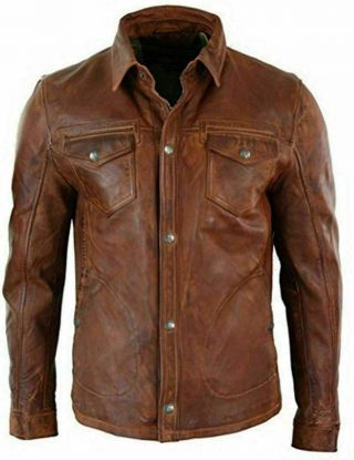 Men’s Shirt Style Vintage Motorcycle Antique Brown Soft Real Leather Jacket