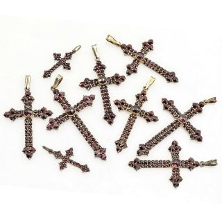 Vintage Sterling Silver Garnet Cluster Cross Pendants Set Of 9 36.  5 Grams