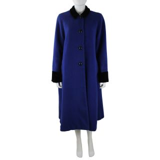 Christian Dior Womens Vintage Blue Wool Black Velvet Collared Swing Coat Sz 8