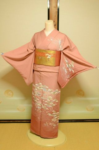 Silk Tsukesage Women 167cm & Silk Fukuro Obi Set Japanese Vintage Kimono /777
