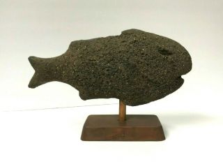 Vtg Mcm Volcanic Lava Rock Primitive Fish Sculpture Carving Statue On Wood Mount
