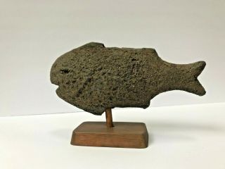 Vtg MCM Volcanic Lava Rock Primitive Fish Sculpture Carving Statue on Wood Mount 2
