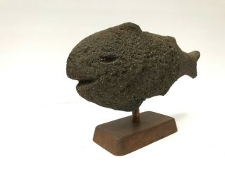 Vtg MCM Volcanic Lava Rock Primitive Fish Sculpture Carving Statue on Wood Mount 3