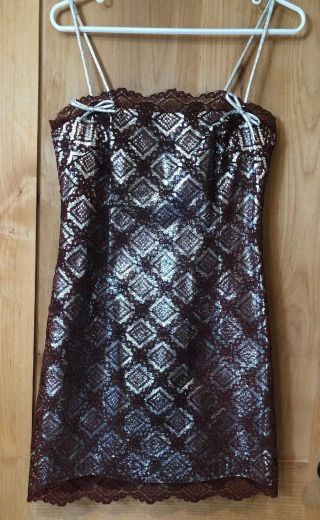 Vtg Young Edwardian By Arpeja Silver Metallic & Brown Lace Overlay Dress Sz 7