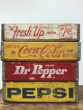 Four Antique Wooden Soda Crates - Pepsi,  Dr.  Pepper,  7up,  Coke (1) 10