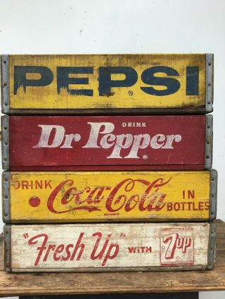 Four Antique Wooden Soda Crates - Pepsi,  Dr.  Pepper,  7up,  Coke (1)