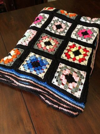 Vintage Afghan Handmade Crochet Black Granny Square Throw Lap Blanket Black