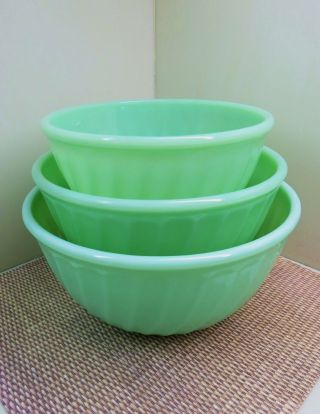 Vintage 3 Fire King Oven Ware Jadeite 1950s Swirl Mixing Bowls 7 " 8 " 9 " Exc Cond