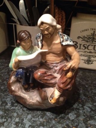 Vintage Chinese Pottery Clay Mudman Figurine Of A Father With His Daughter