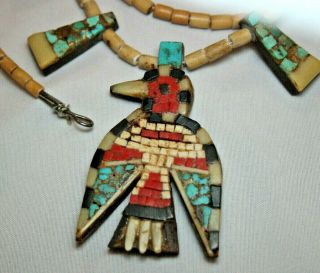 Vintage Depression Era Santo Domingo Pueblo Thunderbird Beaded 30 Inch Necklace 12