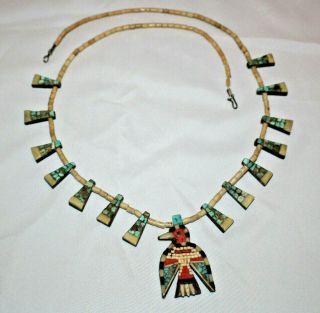 Vintage Depression Era Santo Domingo Pueblo Thunderbird Beaded 30 Inch Necklace