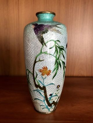 Vintage Japanese Foil Ginbari Cloisonne Enamel Vase 6” Silver Blue Birds