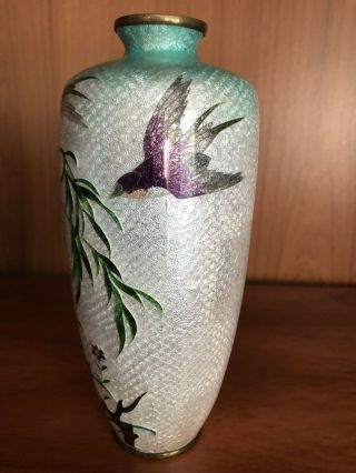 Vintage Japanese Foil Ginbari Cloisonne Enamel Vase 6” Silver Blue Birds 2