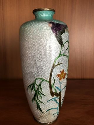 Vintage Japanese Foil Ginbari Cloisonne Enamel Vase 6” Silver Blue Birds 3