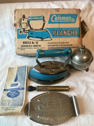Vintage Coleman Model4a Cool Blue Enamel Gas Iron Instant Lite W/ Box/pump/stand
